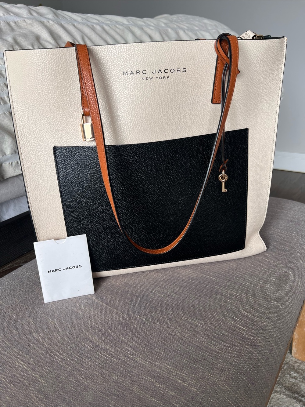 Marc Jacobs Grind Pebbled Leather Tote in Cream, Black Green & Brown Straps